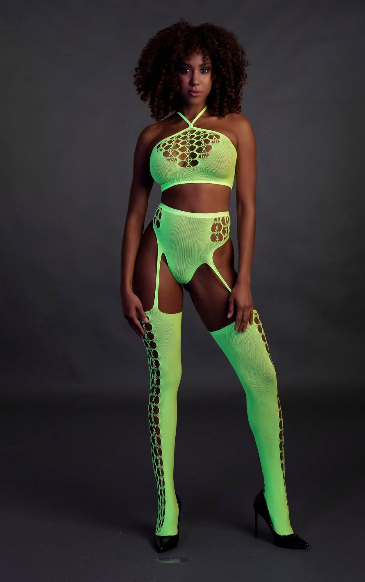 Au! Set top scurt și ciorapi verde neon XS/XL