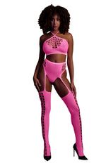 Set bluză scurtă neon și ciorapi roz XS/XL