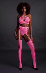Set bluză scurtă neon și ciorapi roz XS/XL