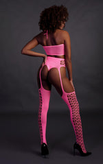 Set bluză scurtă neon și ciorapi roz XS/XL