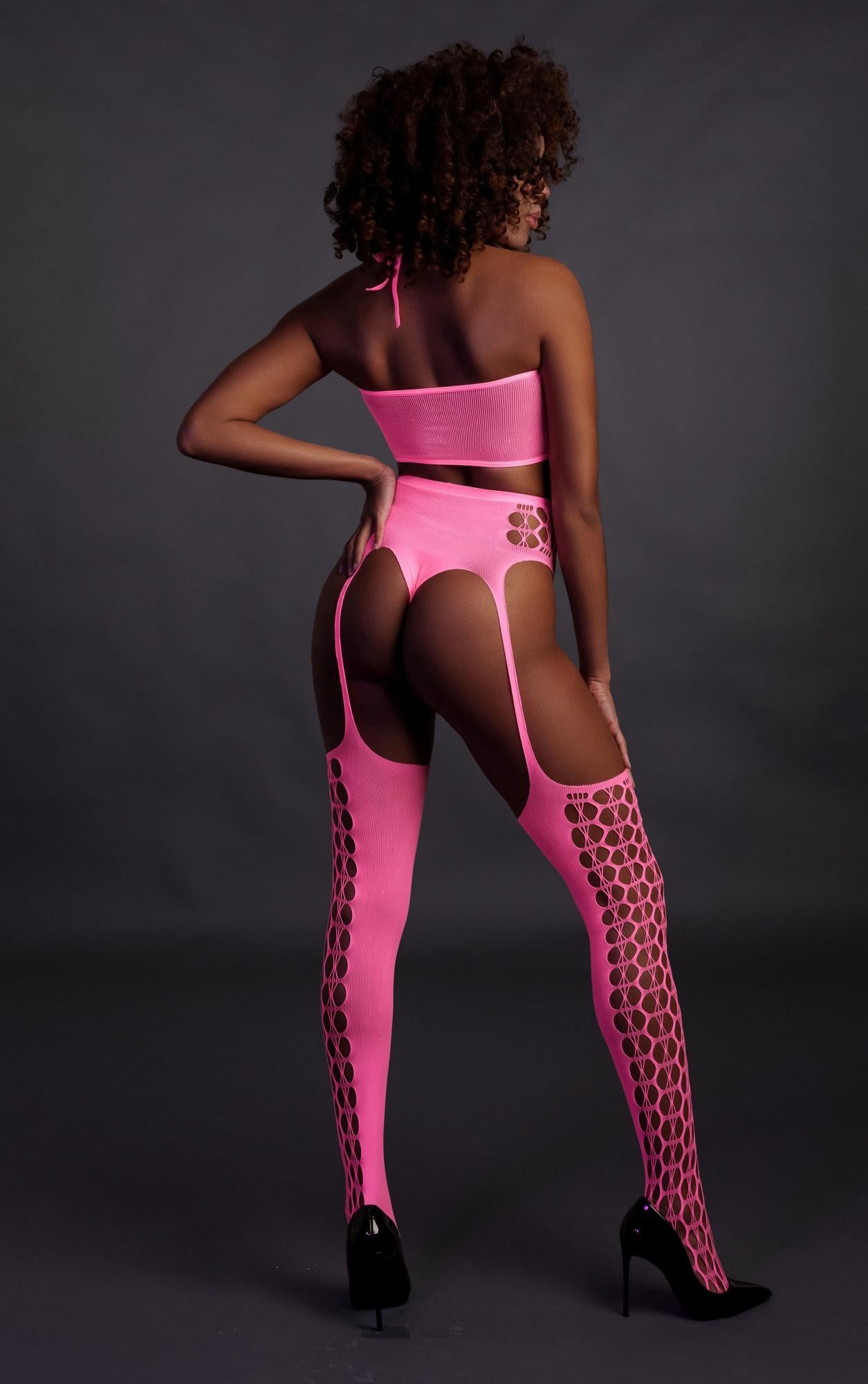 Set bluză scurtă neon și ciorapi roz XS/XL