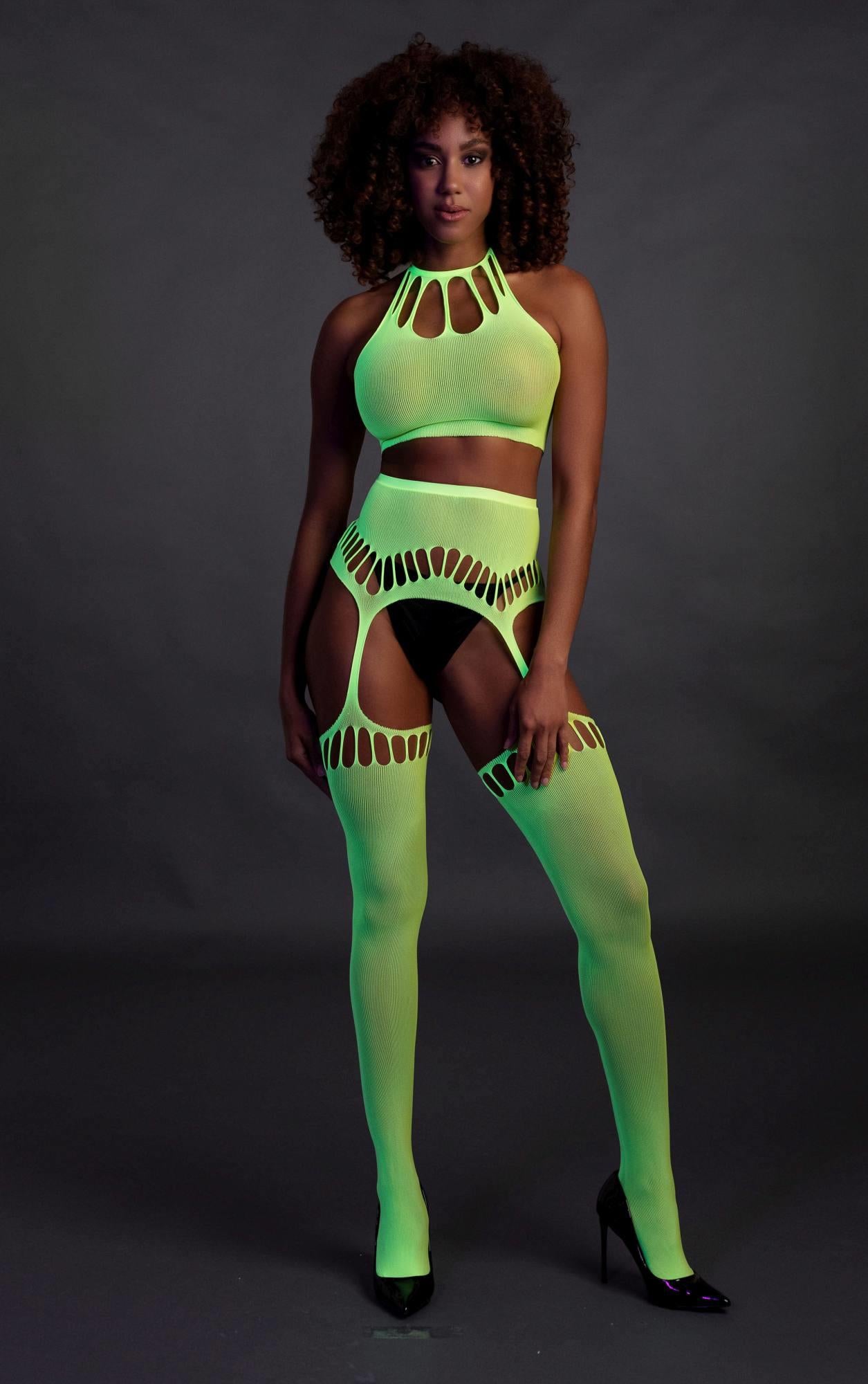 Set lenjerie intimă Ouch verde neon UV XS/XL