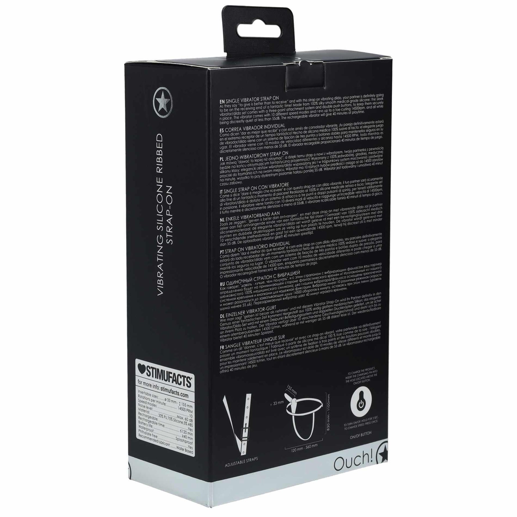 Curea vibratoare din silicon Ouch, reglabilă, cu nervuri, neagră, 15,5 cm