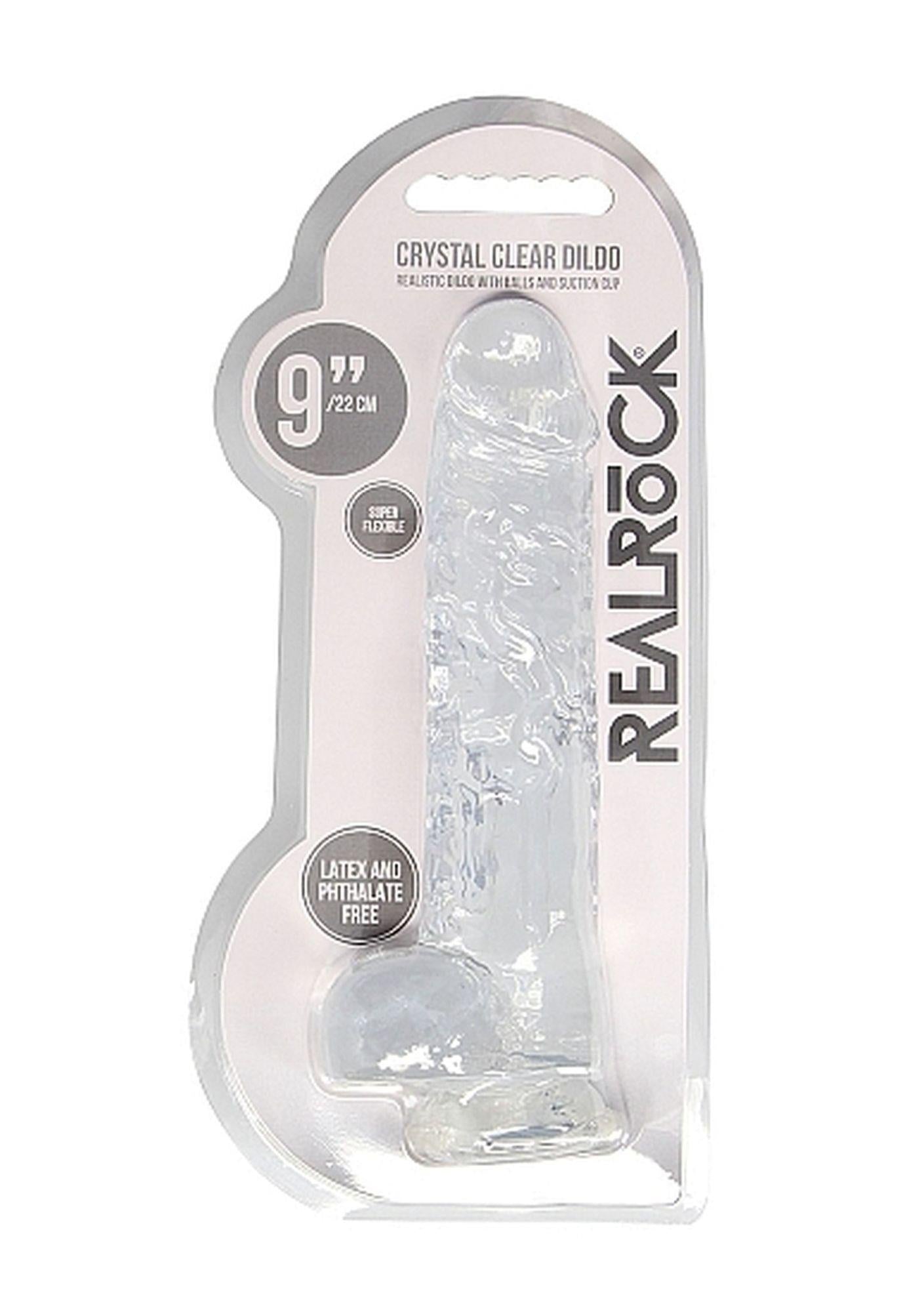 Dildo realist RealRock cu testicule, transparent, 23 cm