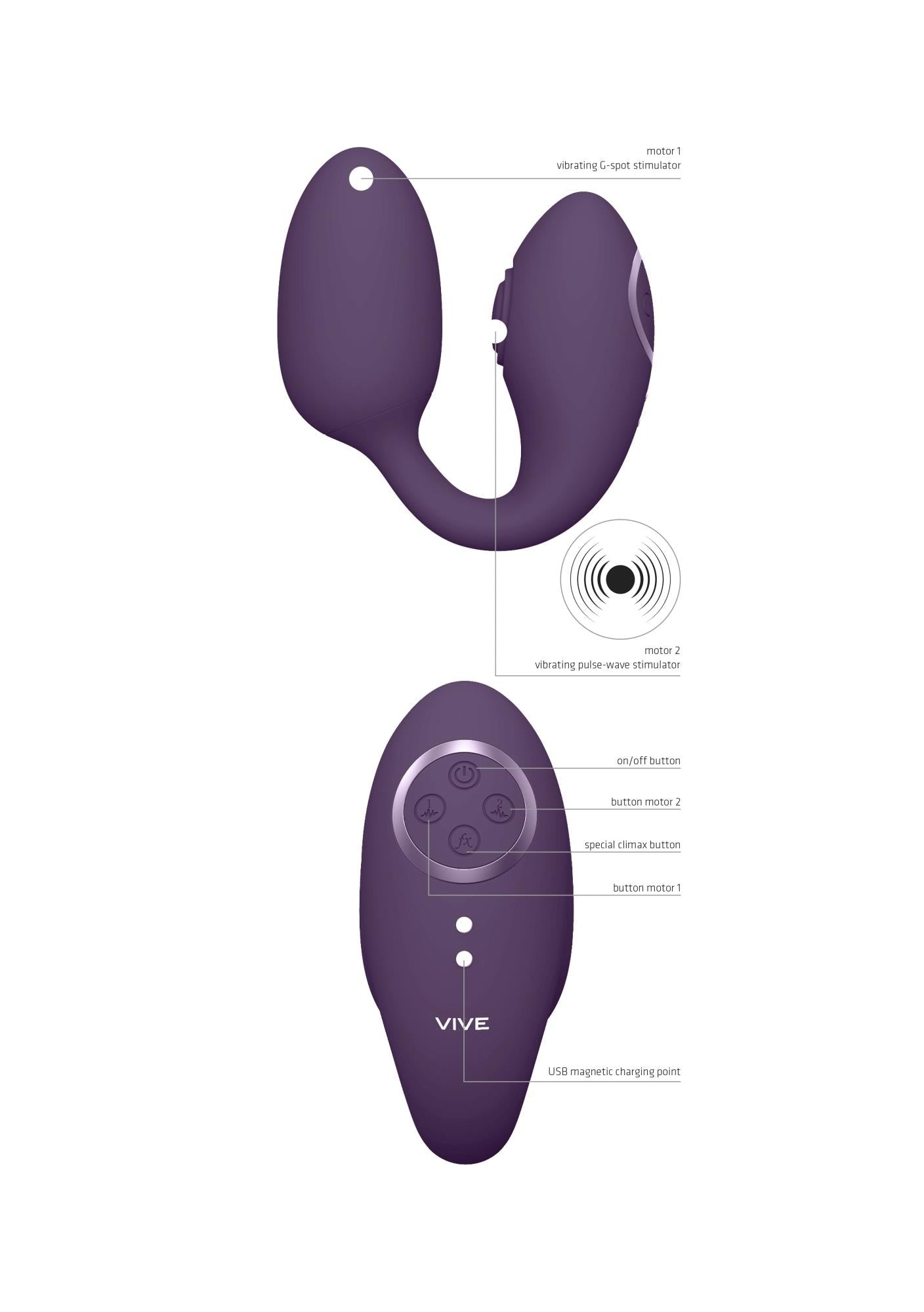 Stimulator clitoridian și punct G cu motor dual Vive Aika, violet, USB, 9 cm