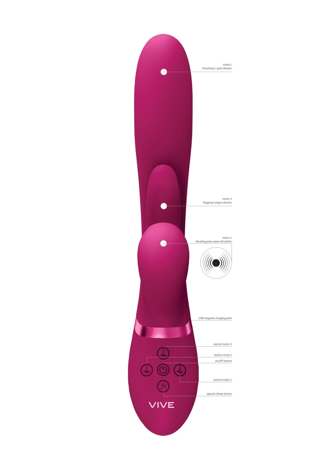 Vibrator Kura Vive cu limbă fluturândă și USB roz Thrust