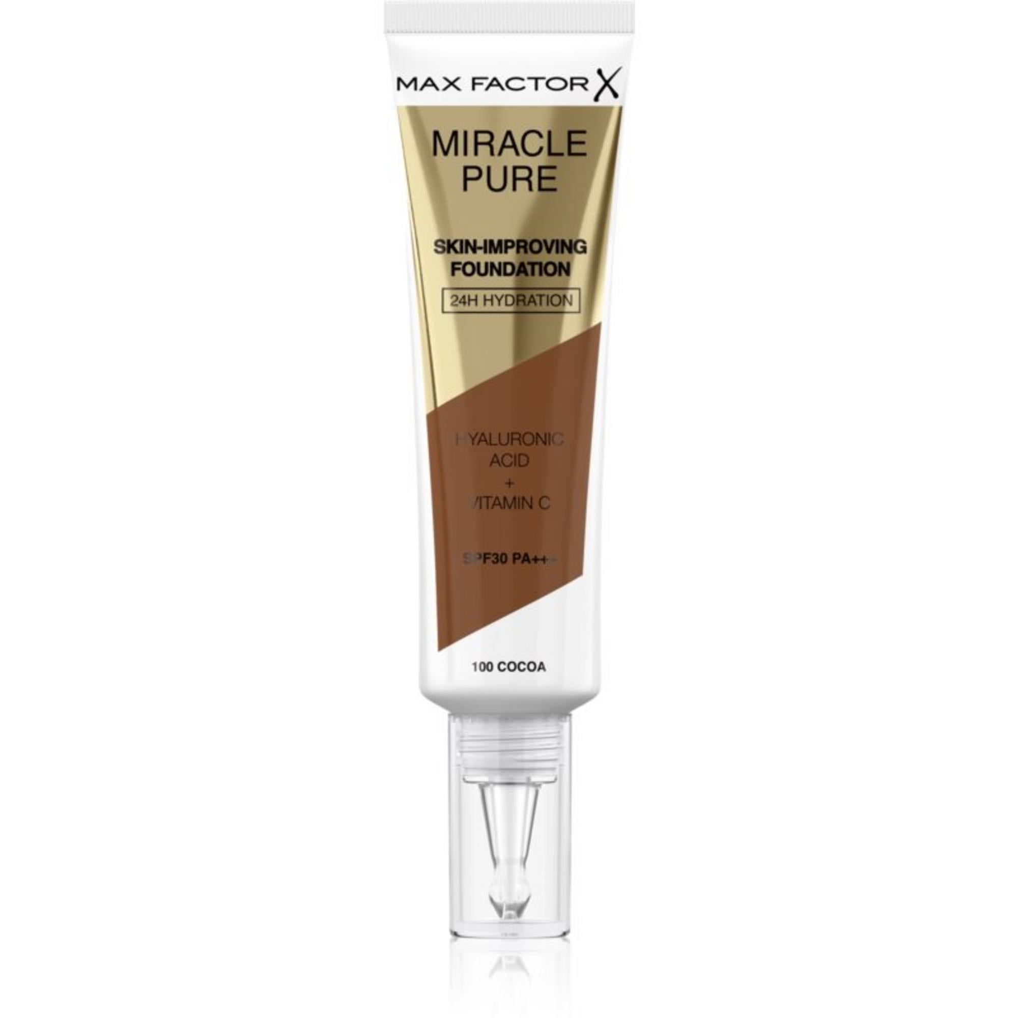 Max Factor, Miracle Pure, Acid hialuronic, Radiant, Fond de ten lichid & ser 2-în-1, Cacao, 100, SPF 30, 30 ml