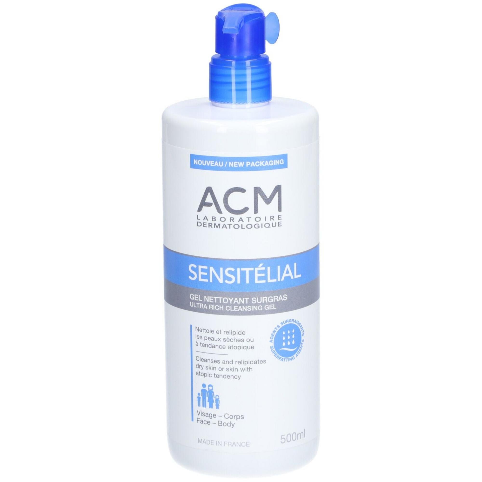 Laboratoire ACM, Sensitelial, Curățare, Gel de duș, Piele sensibilă foarte uscată la potențial atopică, 500 ml