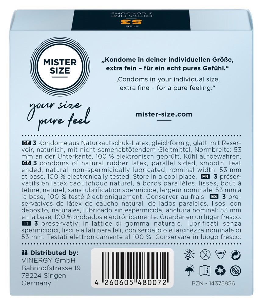Prezervative Mister Size subțiri transparente 53 mm vegane 3 buc