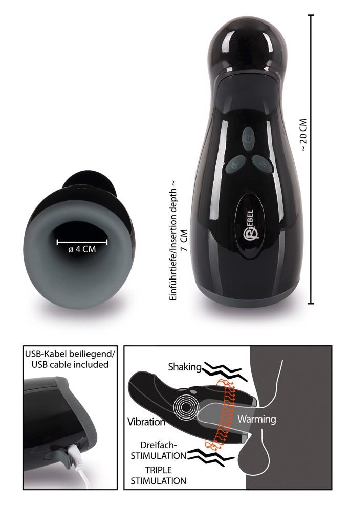 Masturbator Rebel cu 3 funcții de vibrație și încălzire, 20 cm, USB