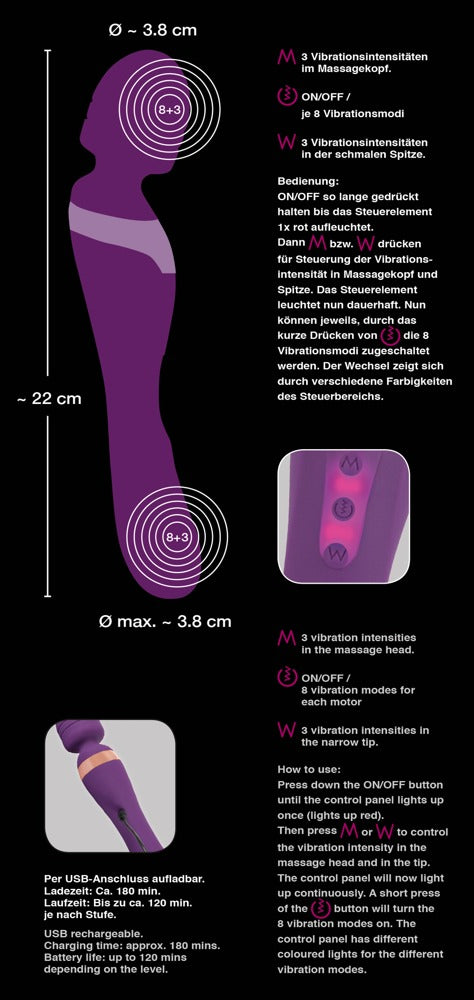 Vibrator dublu masaj Javida silicon violet USB 22 cm