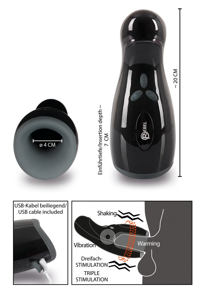 Masturbator Rebel cu 3 funcții de vibrație și încălzire, 20 cm, USB