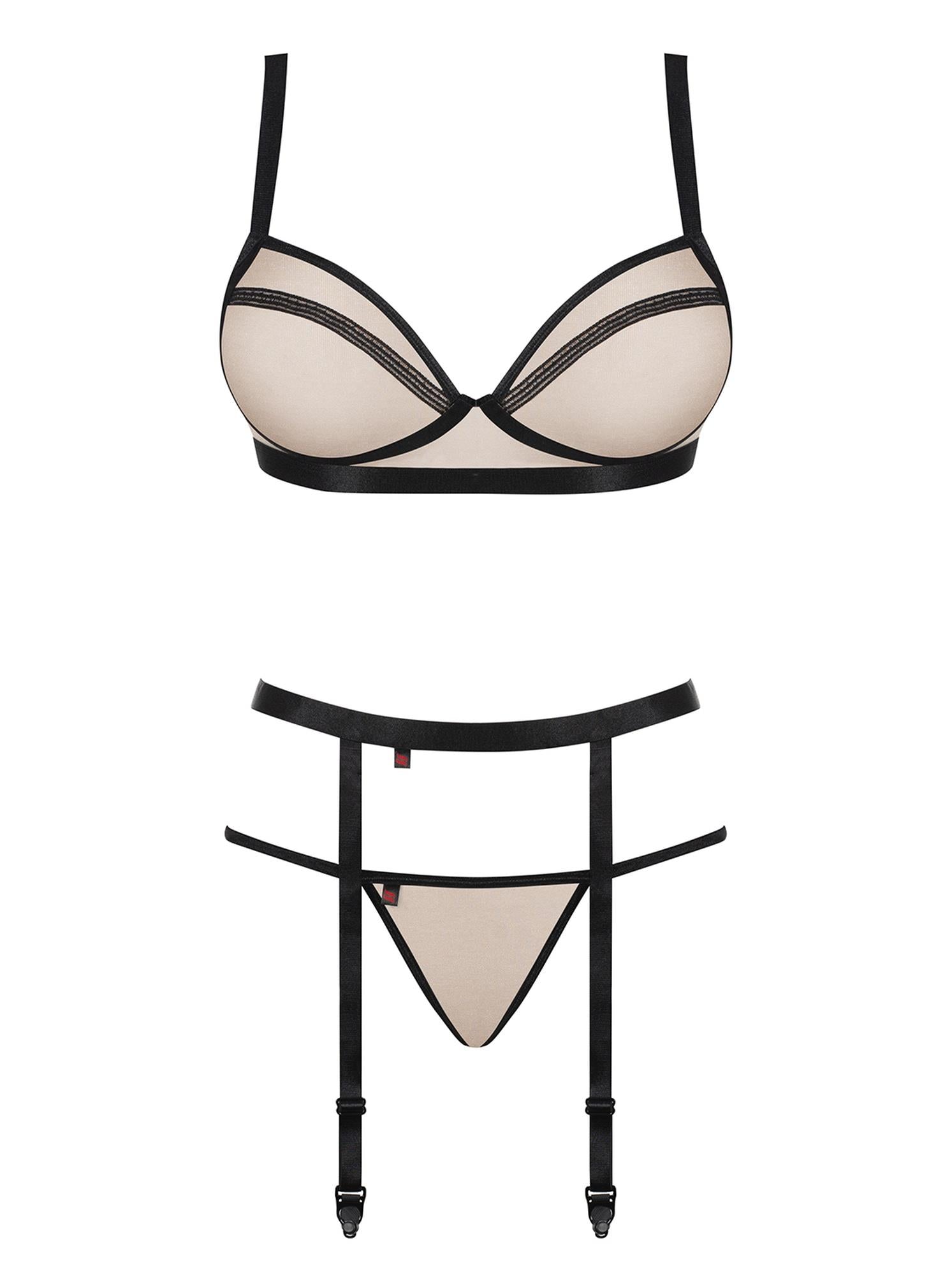 Set de lenjerie intimă din trei piese Nudelia Obsessive, bej, negru, L/XL