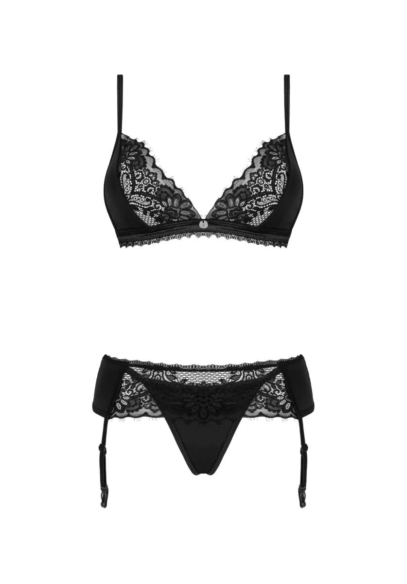 Set de trei piese Obsessive Maderris din dantelă, negru XL/2XL