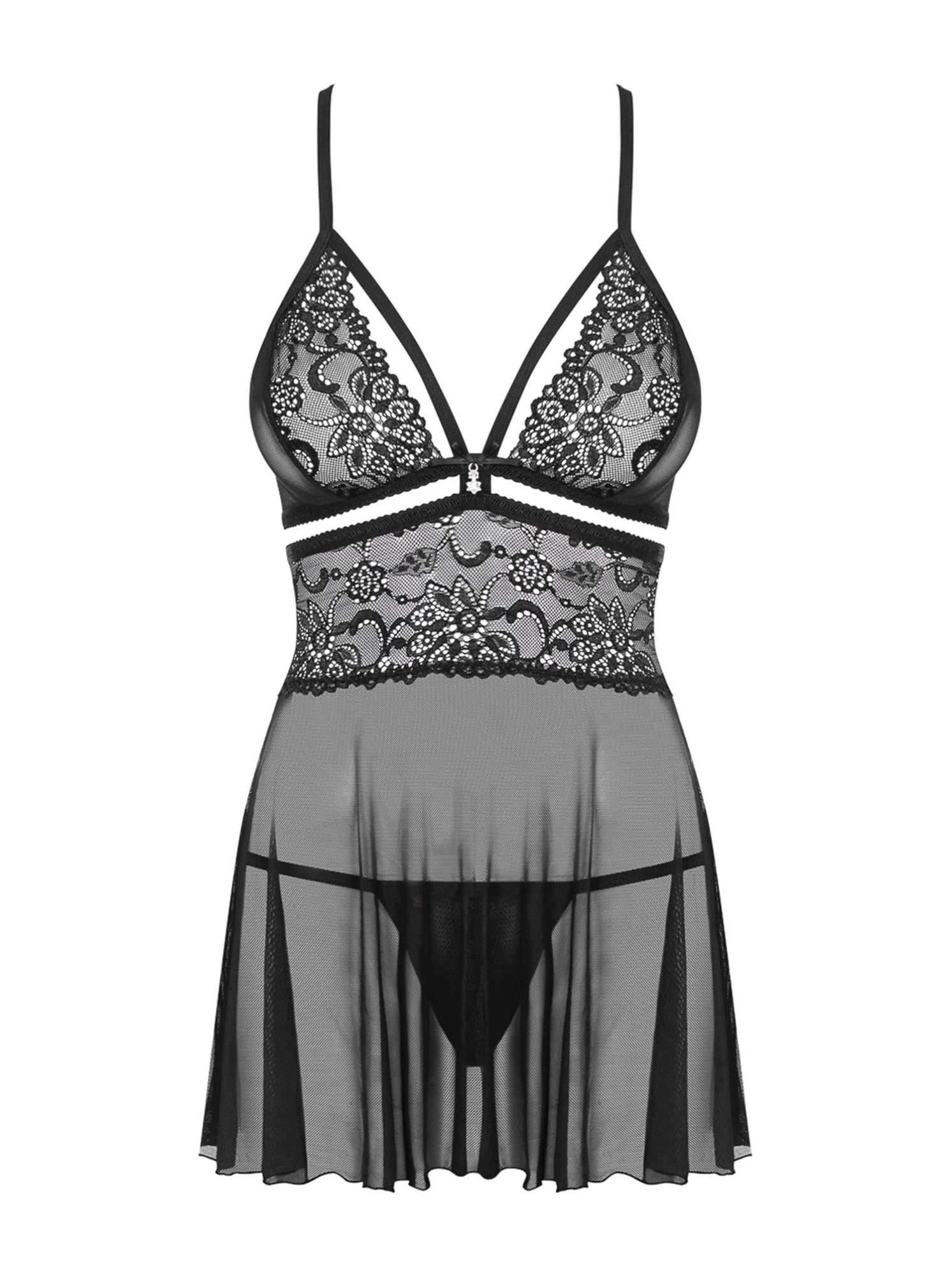 Babydoll Obsessive din dantelă cu tanga negru S/M