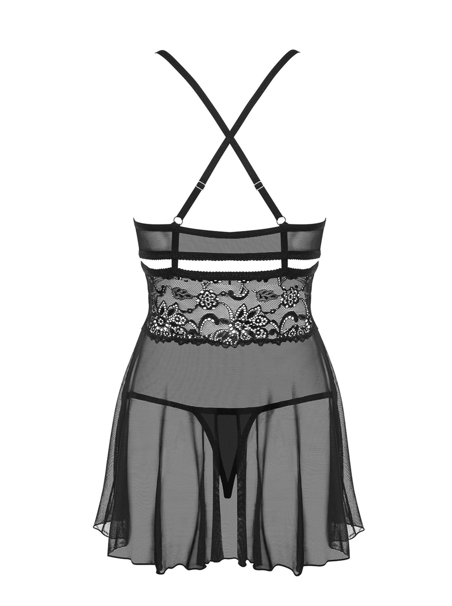 Babydoll Obsessive din dantelă cu tanga negru S/M