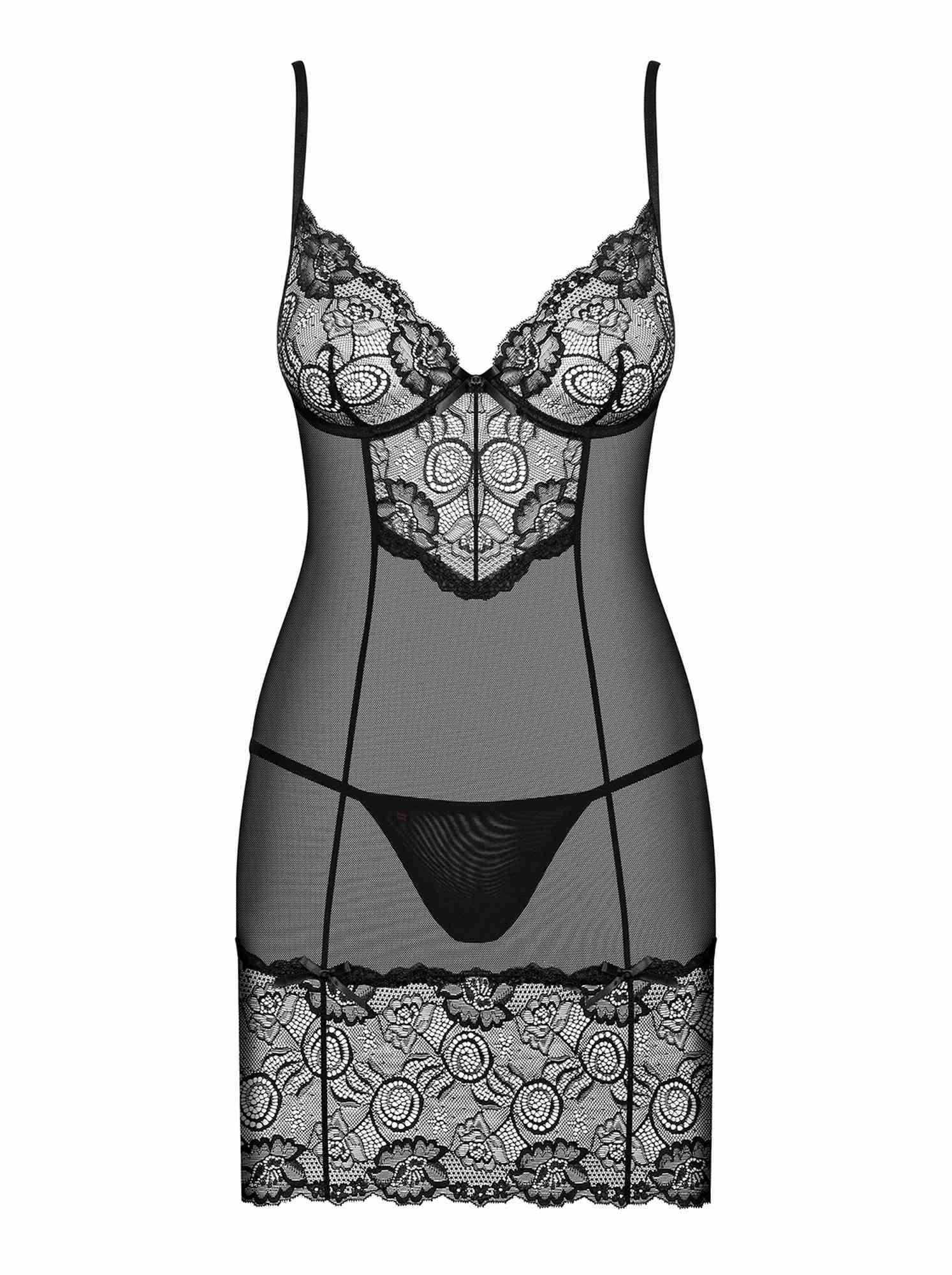 Camisola erotică din dantelă Alluria cu tanga Obsessive S/M