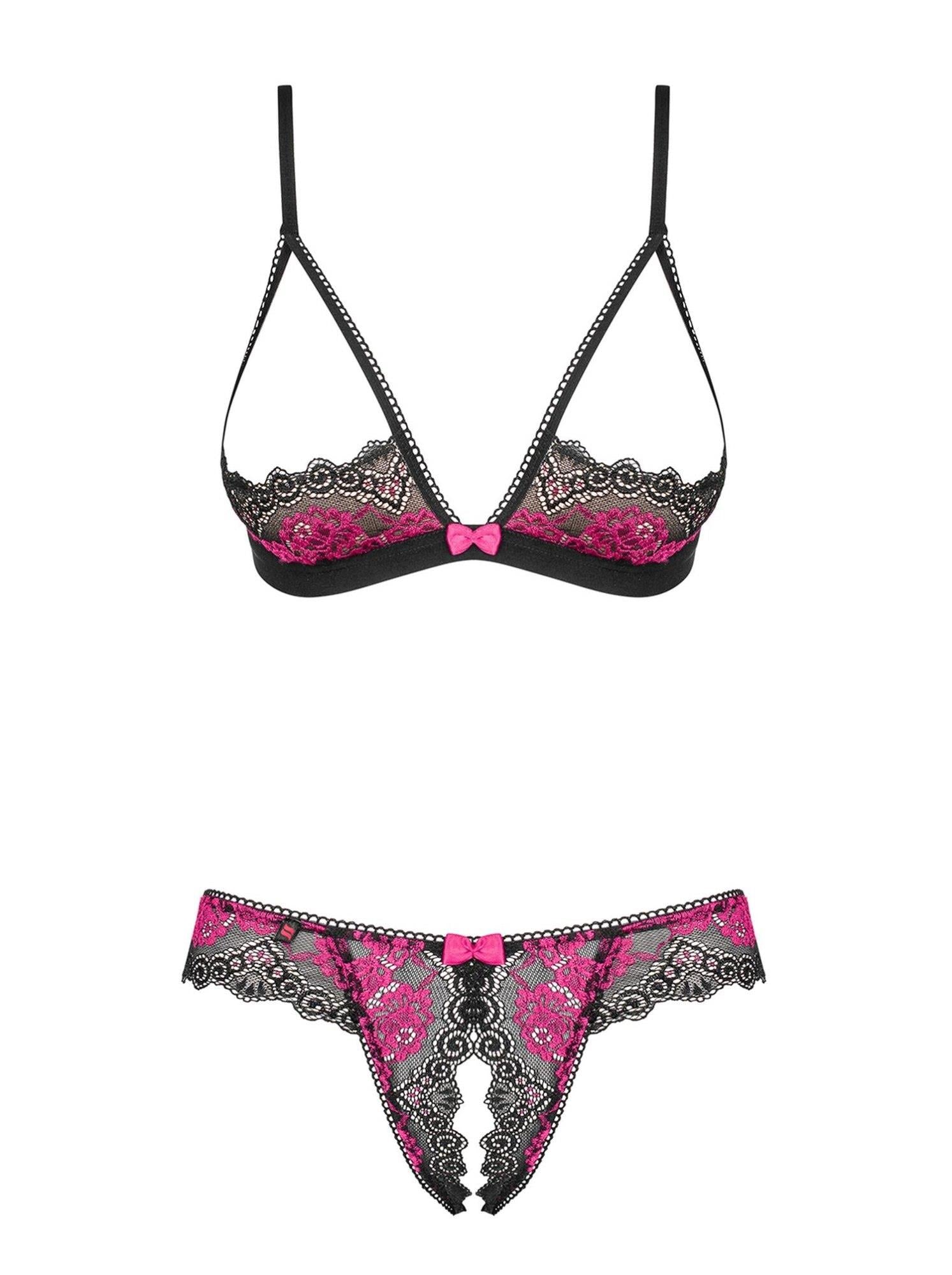 Set lenjerie intimă Obsessive Tulia cu dantelă deschisă, negru, S/M