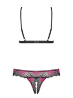 Set lenjerie intimă Obsessive Tulia cu dantelă deschisă, negru, S/M