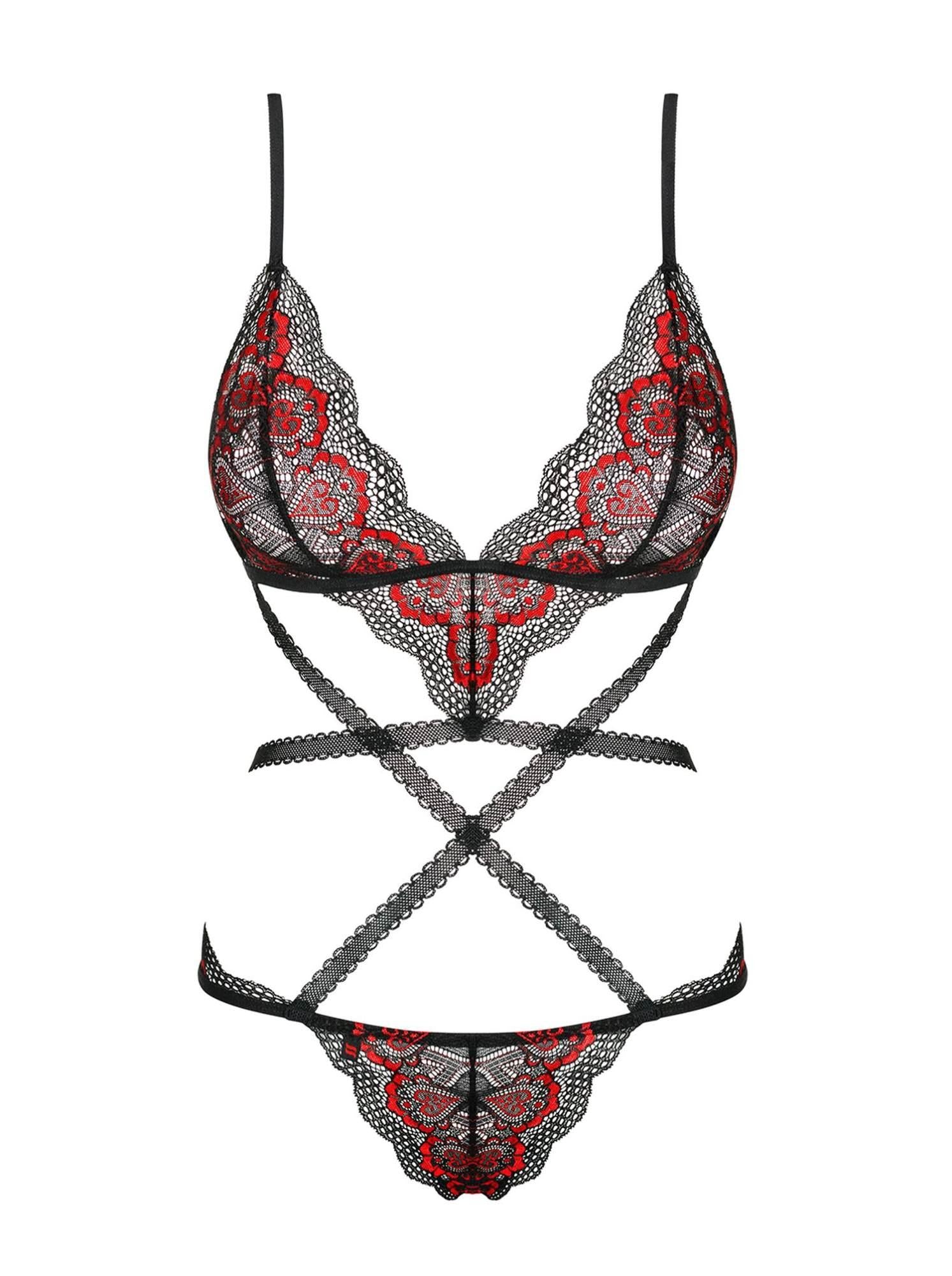 Body Megies Obsessive cu dantelă geometrică, negru, S/M