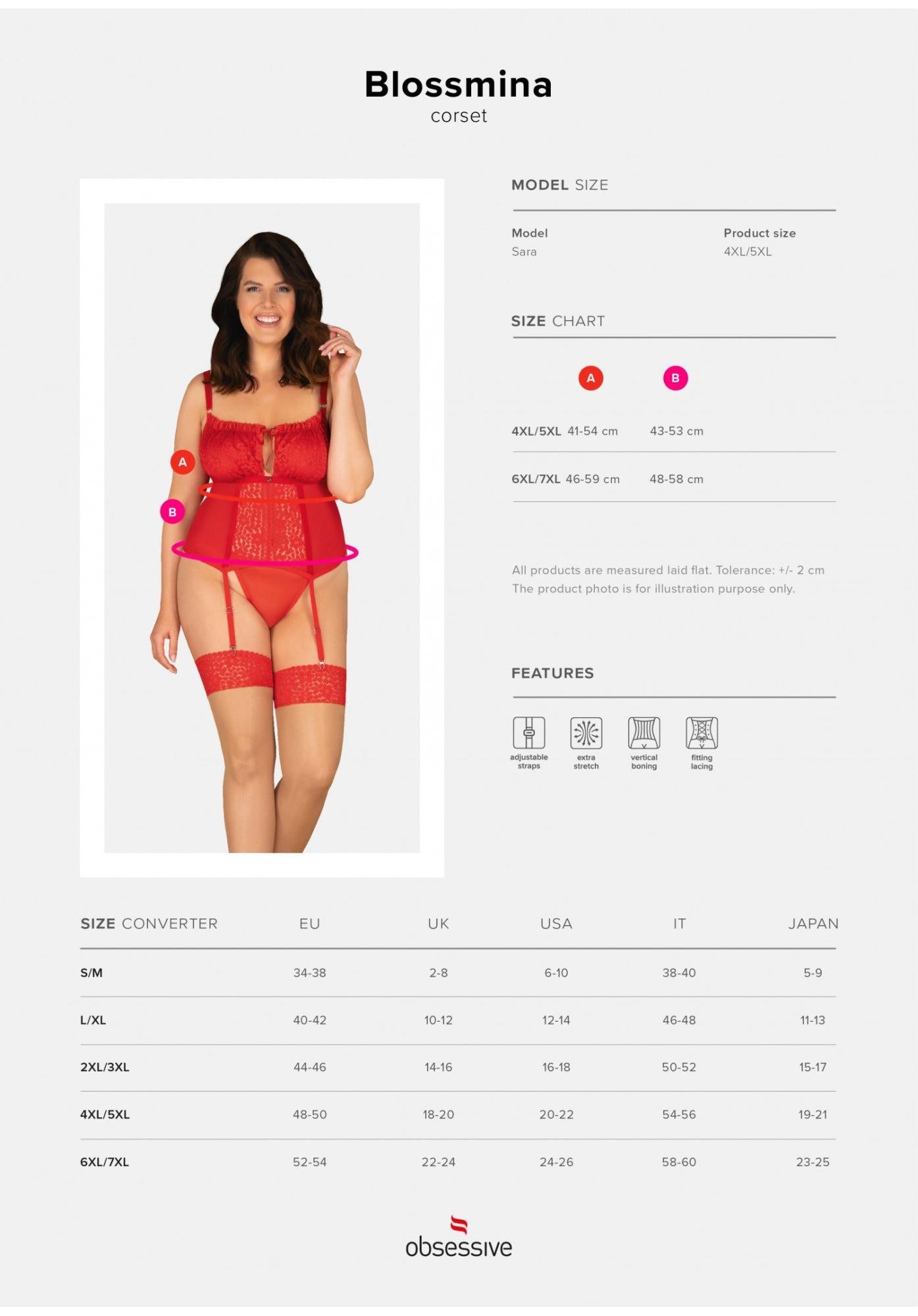 Corset și tanga Obsessive Blossmina roșu 4XL 5XL