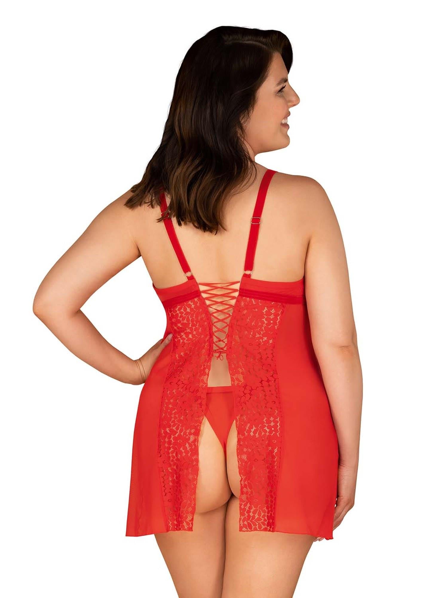 Blossmina Obsessive Chemise și Thong din Dantelă Roșie 6XL/7XL