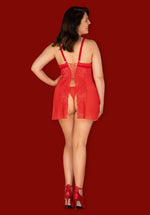 Blossmina Obsessive Chemise și Thong din Dantelă Roșie 6XL/7XL