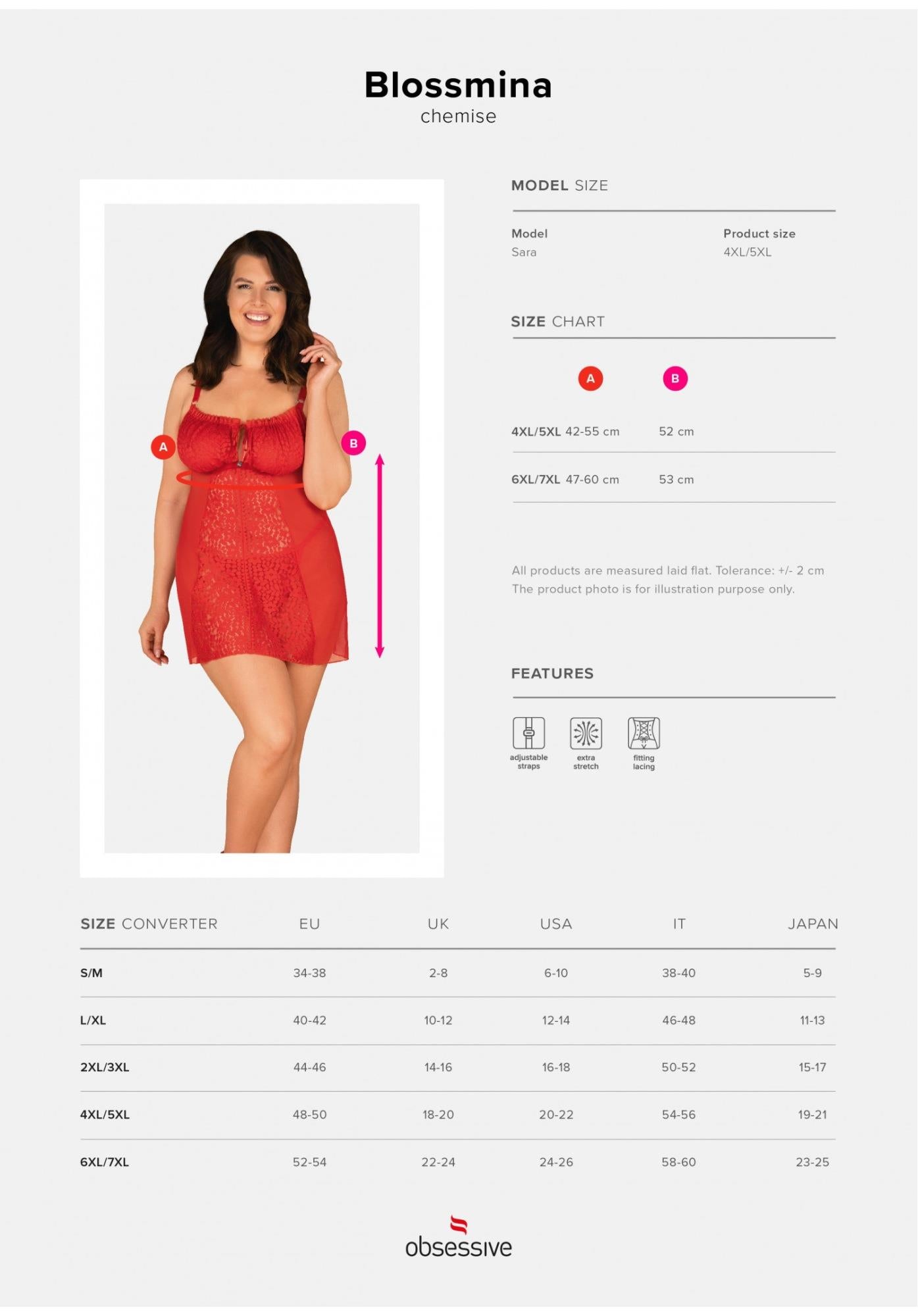 Blossmina Obsessive Chemise și Thong din Dantelă Roșie 6XL/7XL