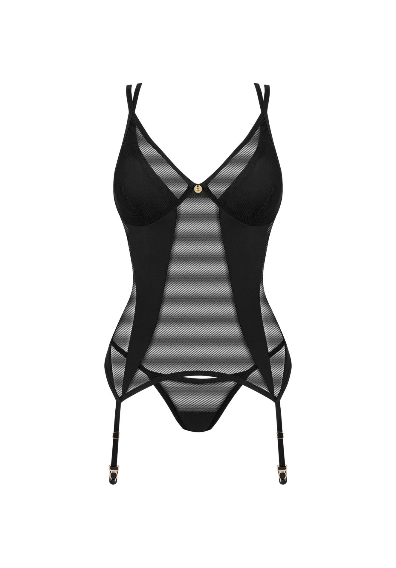 Corset Obsessive din plasă neagră cu tanga și bretele M/L