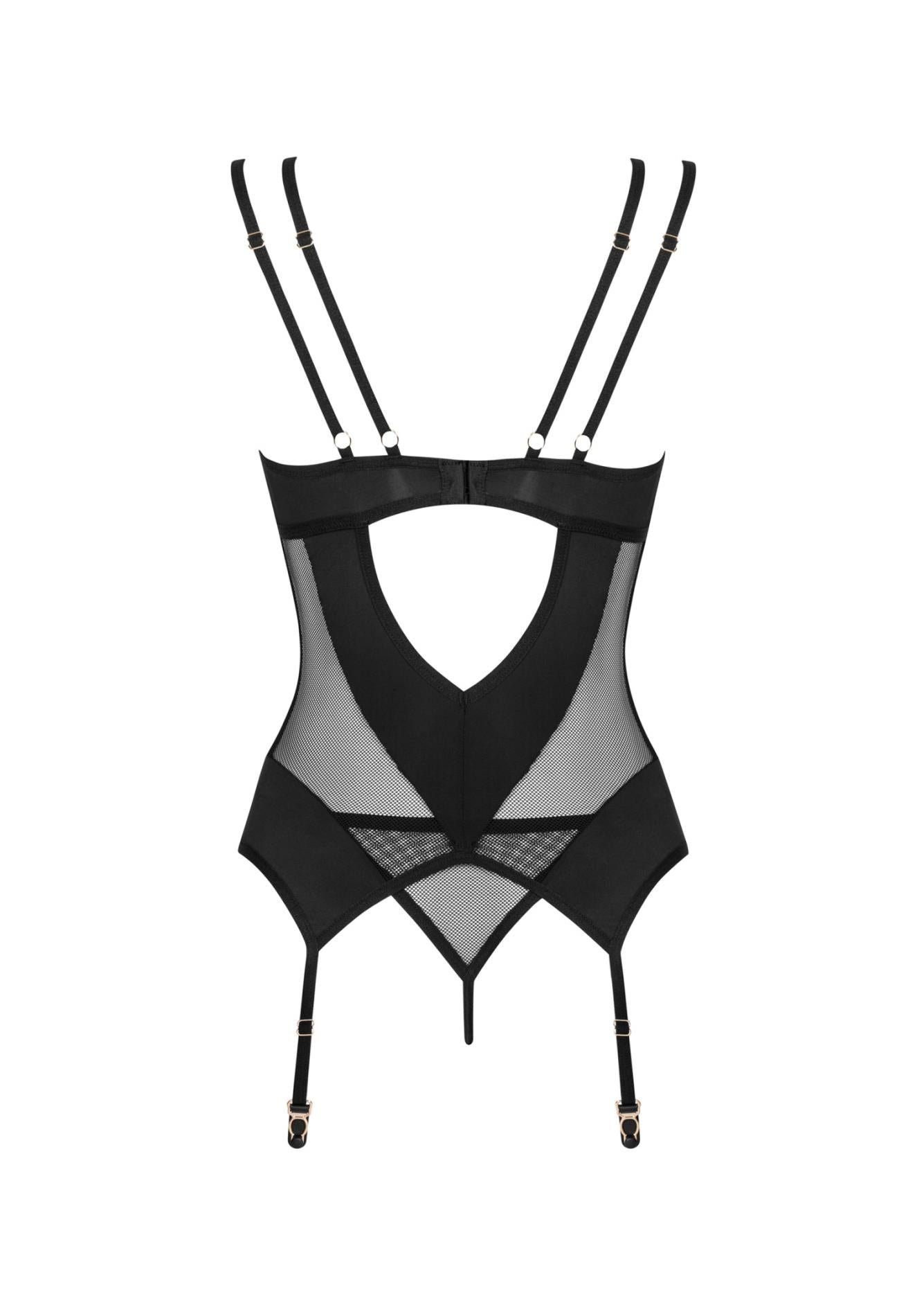 Corset Obsessive din plasă neagră cu tanga și bretele M/L