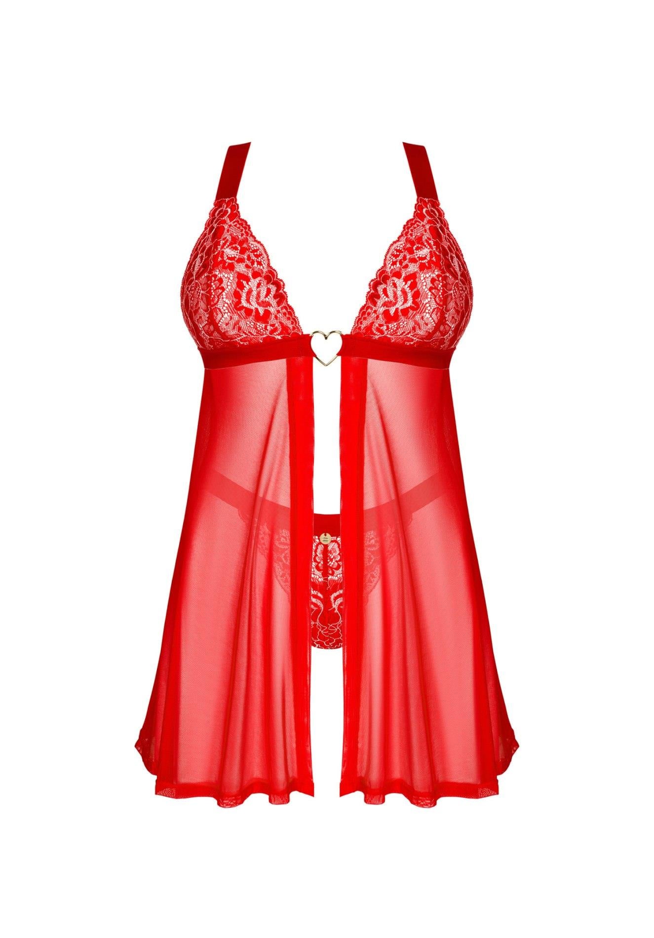 Babydoll și tanga Obsessive din dantelă roșie M/L