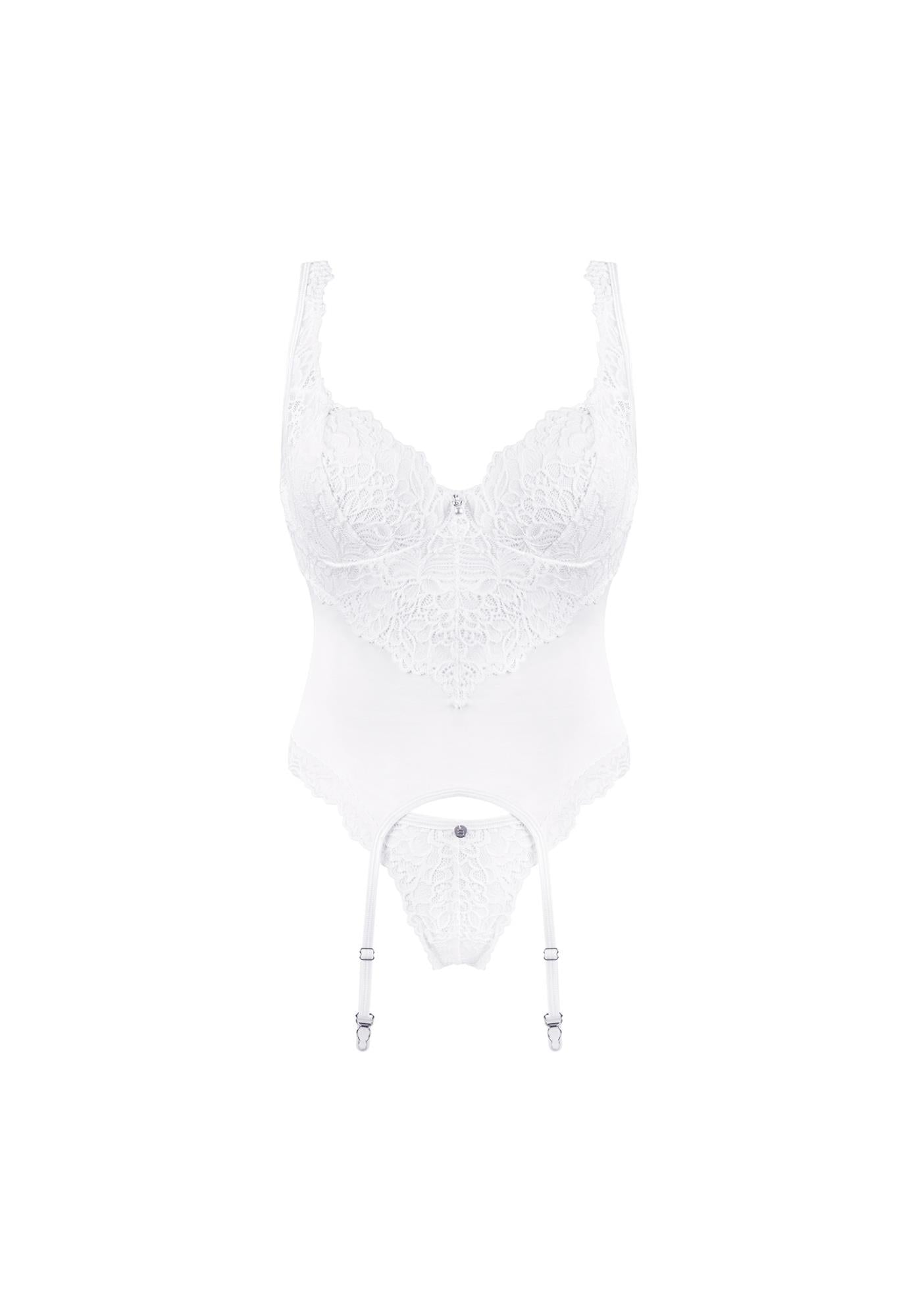 Amor Blanco Obsessive corset și tanga din dantelă albă L/XL