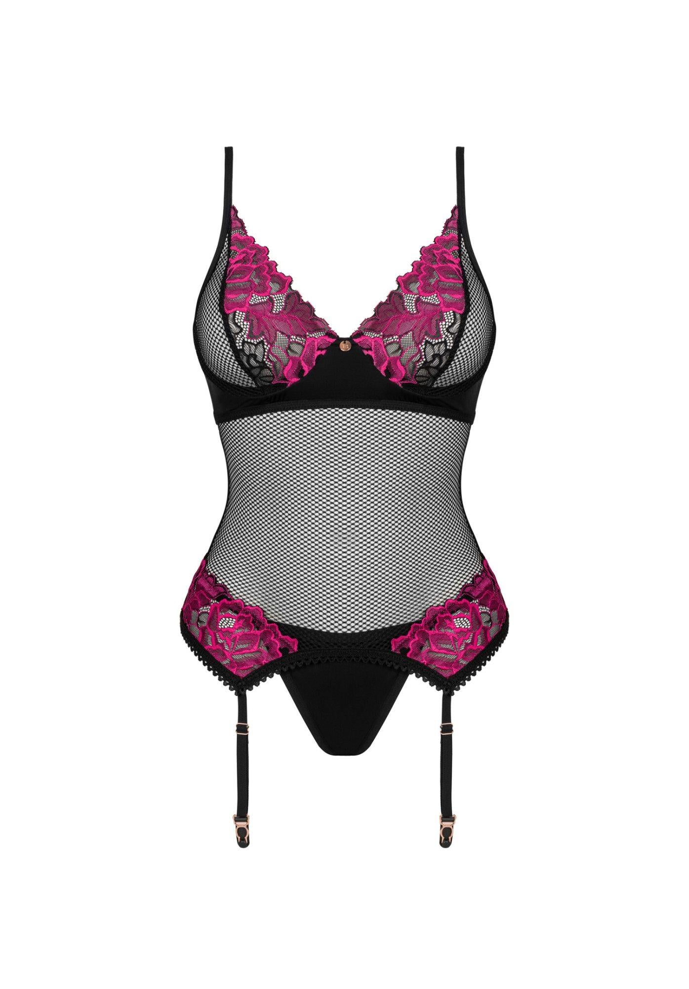Corset Rosenty cu imprimeu floral din plasă, negru, XL/2XL, Obsessive