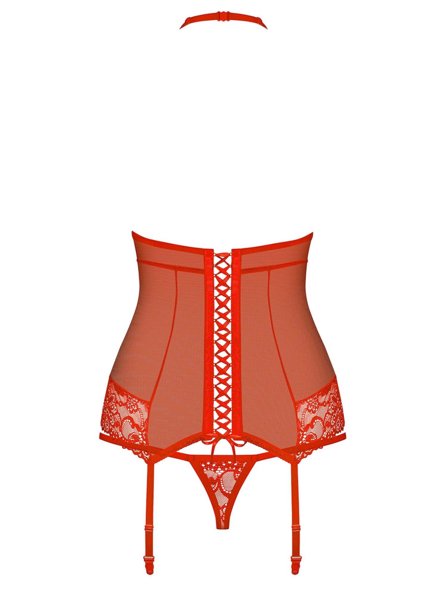 Corset și tanga Obsessive din dantelă roșie S/M