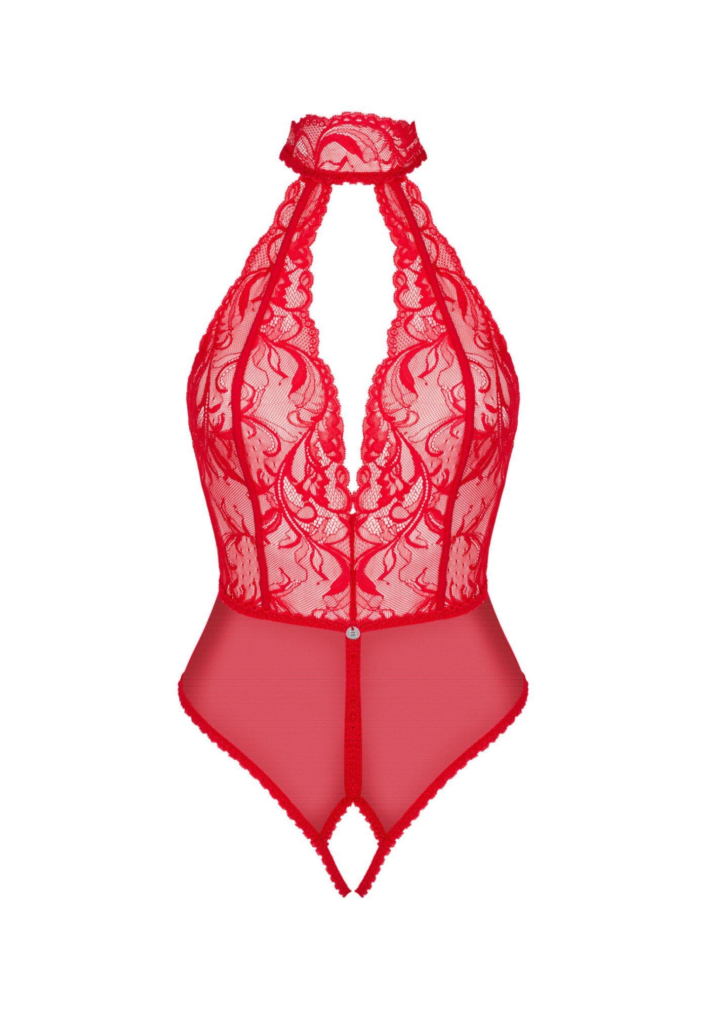 Body din dantelă Dagmarie cu decupaj între picioare Obsessive roșu M/L