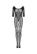 Body-ciorap Obsessive G329 negru XL XXL cu imitație de corset