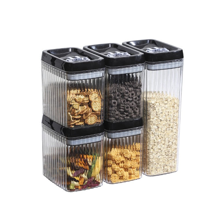 Set 5 Recipiente din Plastic, Flippy, pentru Alimente/Obiecte, Inchidere Ermetica, Textura Ondulata, 4 x 1.5l, 1 x 3.3