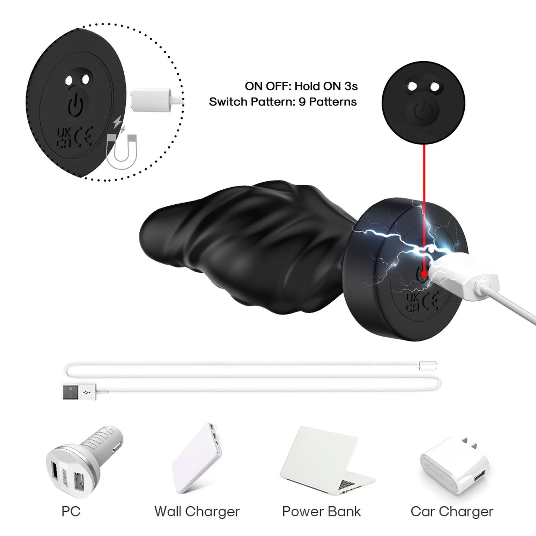 Dop anal vibrant Limonster, negru, cu 9 moduri, USB, impermeabil