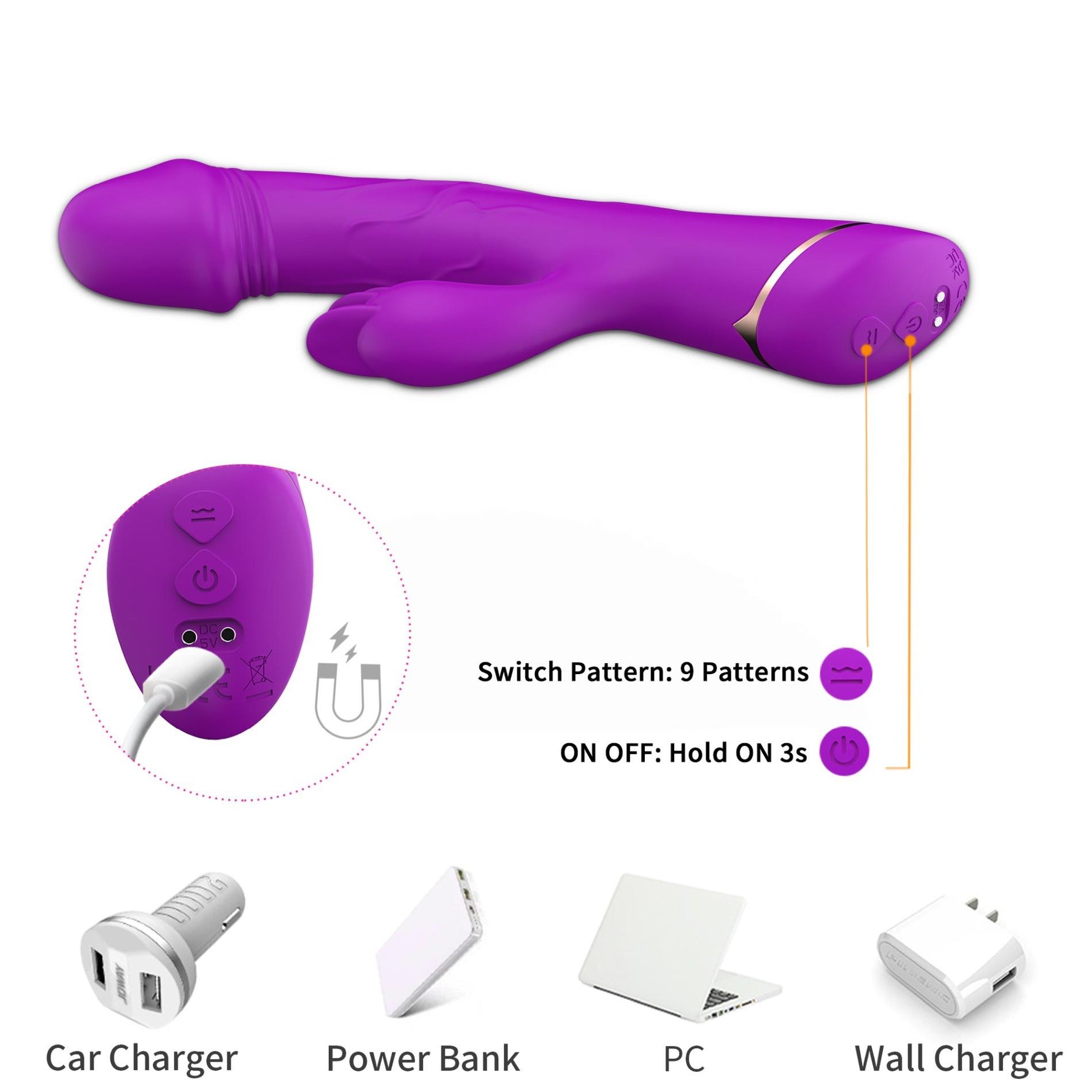 Vibrator iepuraș Rubberco din silicon violet, cu 9 vibrații, impermeabil