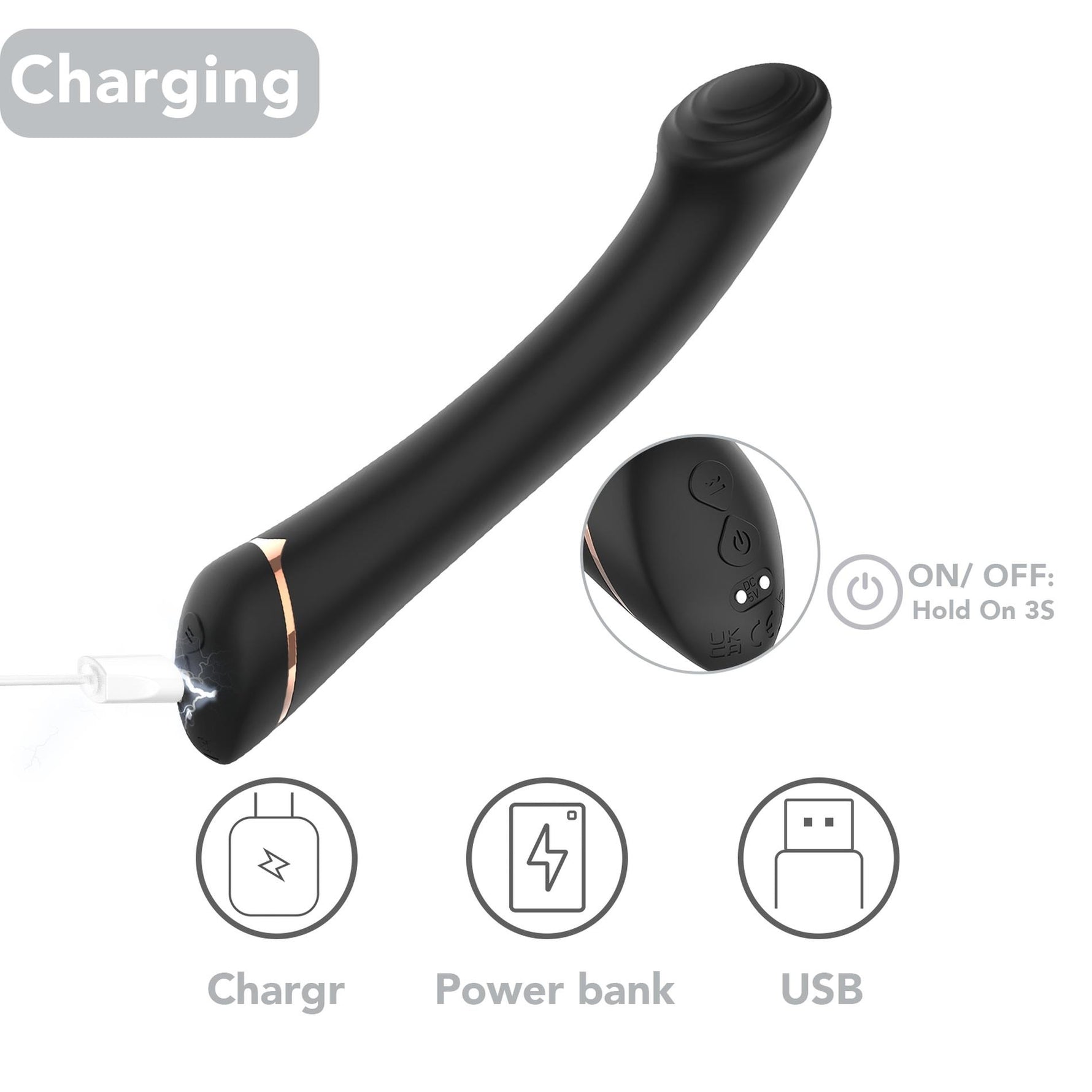 Vibrator Gwand Silicon pentru Punct G, Negru, USB