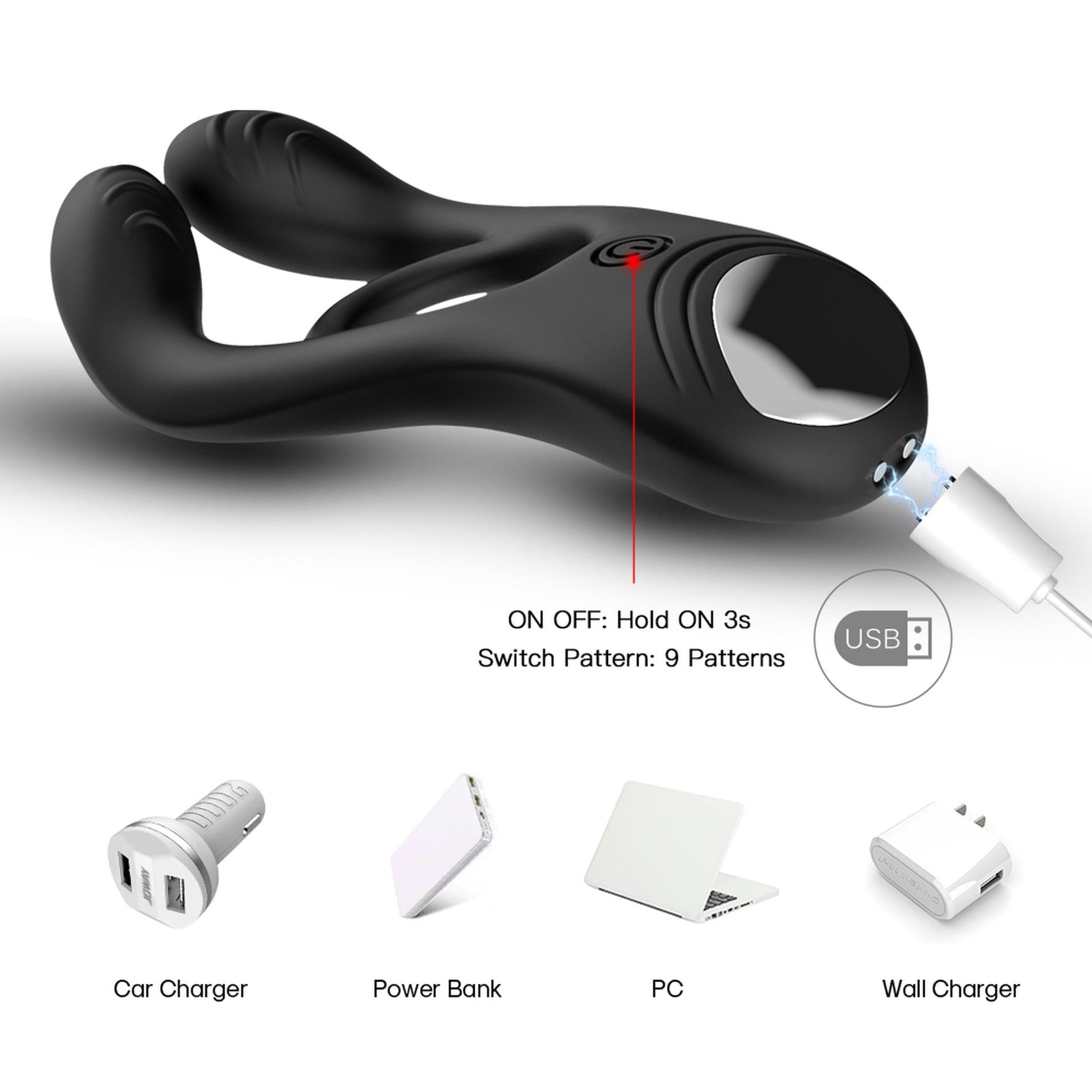 Inel vibrant pentru penis Veyron, negru, cu 9 moduri, USB, din silicon