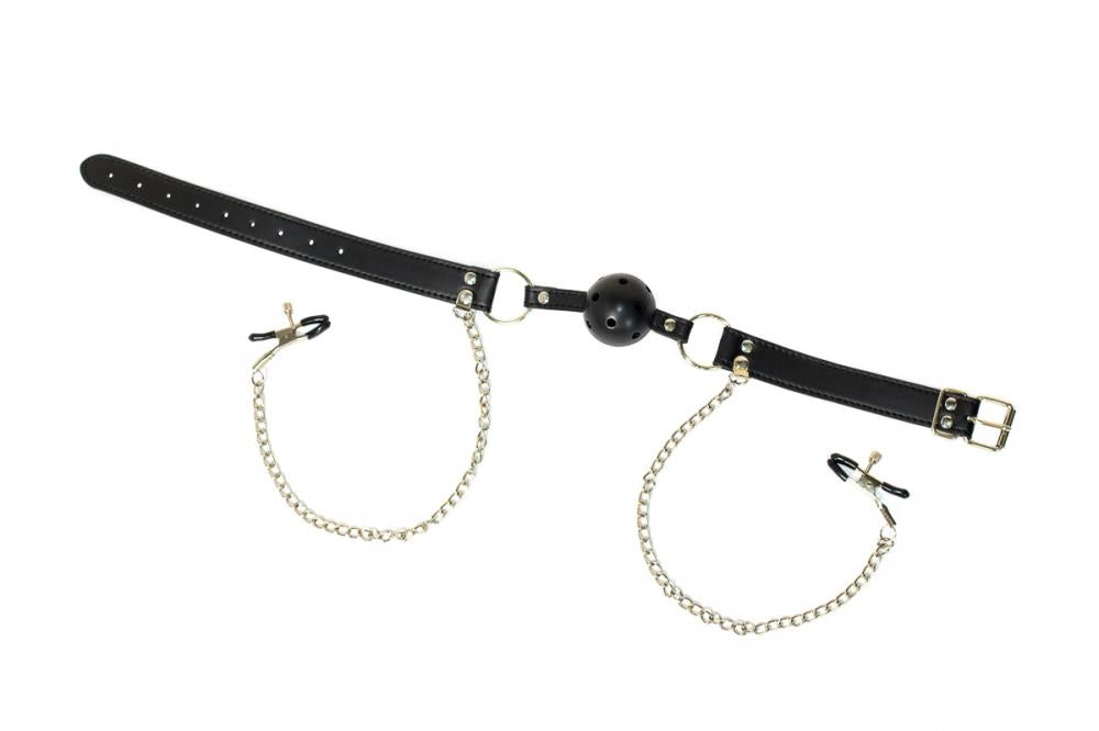 Lola Games Ball Gag cu cleme pentru mameloane 61 cm impermeabile