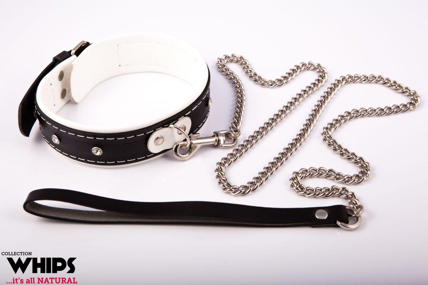 Zgardă din piele pentru femei Whips Collection, alb-negru, cu lesă