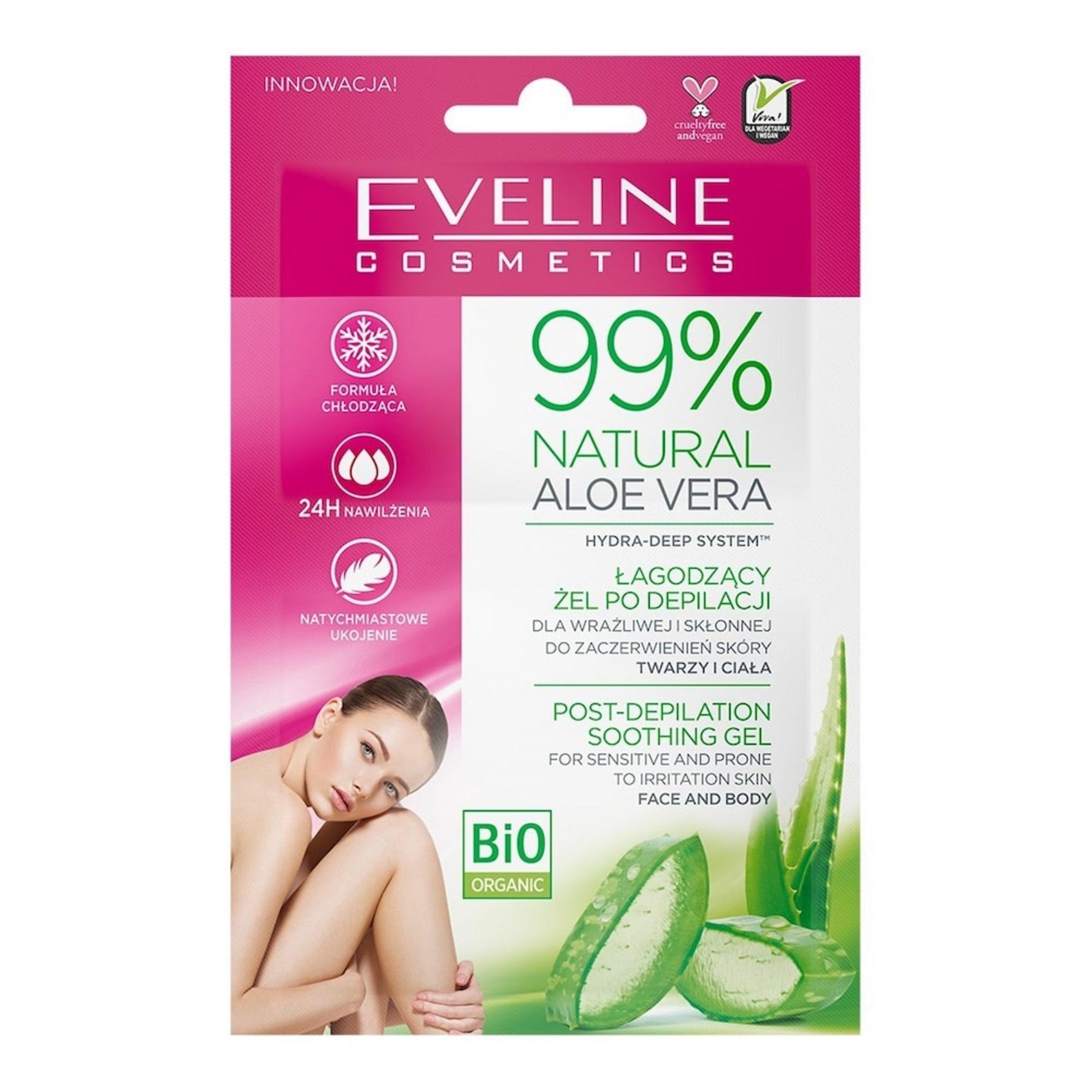 Set Duo, Eveline Cosmetics, 99% Natural Aloe Vera, Calmant, Gel post-ras pentru corp, Față și corp, 2 buc, 10 ml