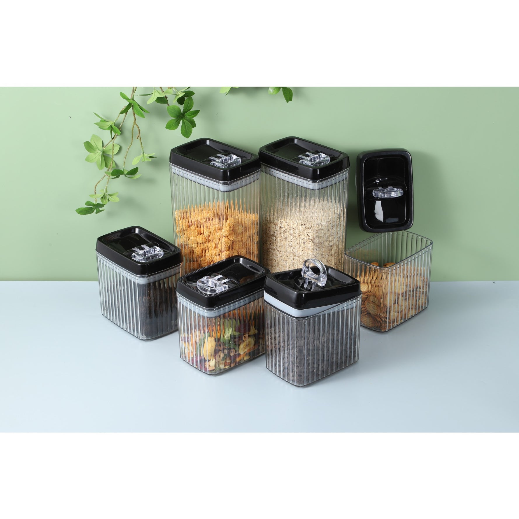 Set 6 Recipiente din Plastic, Flippy, pentru Alimente/Obiecte, Inchidere Ermetica, Textura Ondulata, 4 x 1.5l, 2 x