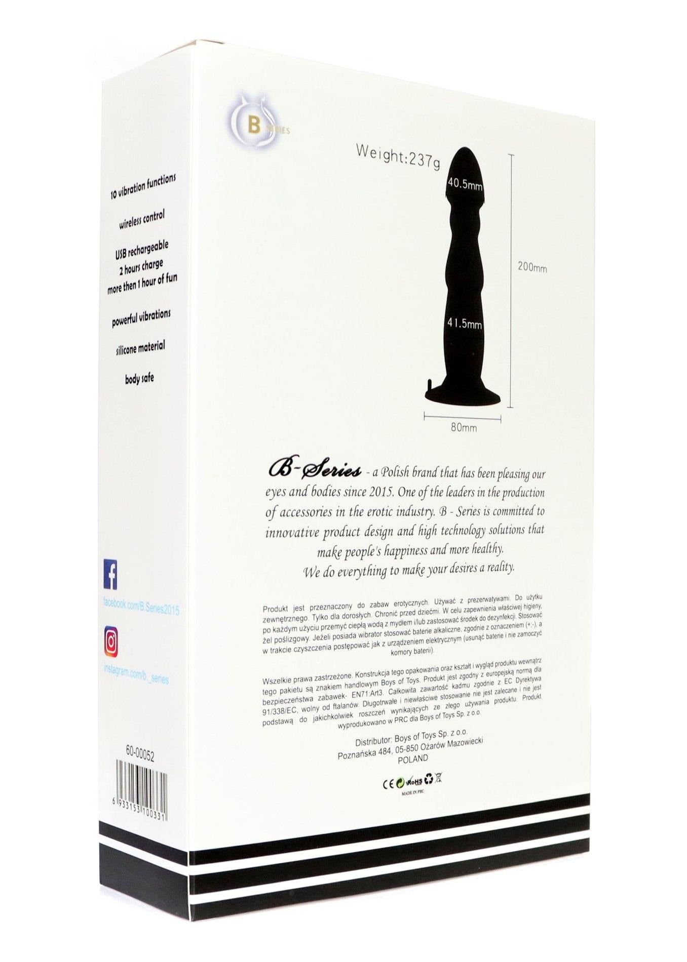 Masaj de prostată din silicon cu telecomandă USB, 10 funcții, seria B Power