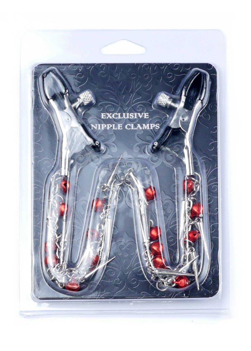 Cleme de mamelon reglabile din cauciuc Fetish seria B cu lanț 39,5 cm
