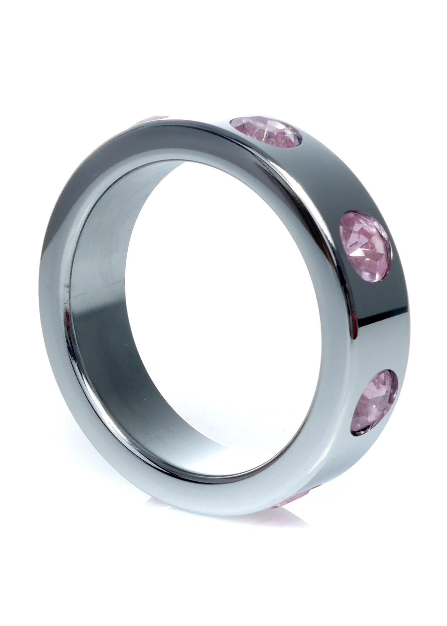 Inel mare pentru penis HeavyFun din metal cu diamante roz