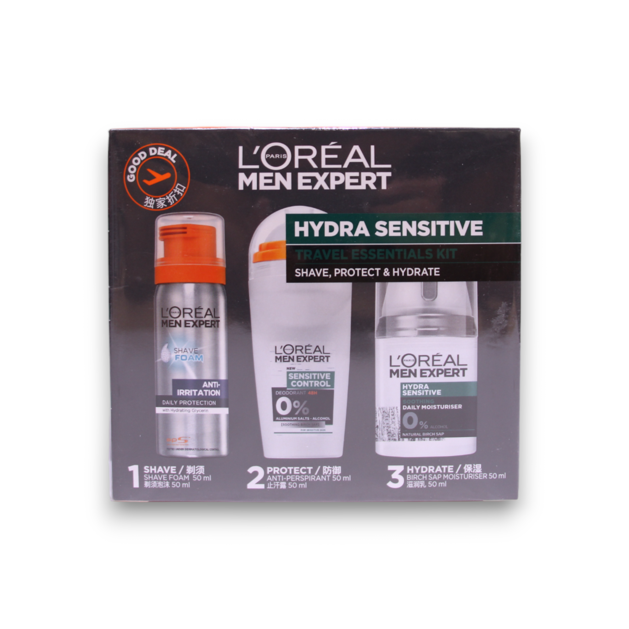 Travel Set L'Oreal Paris: Men Expert, Alcohol-Free, Hydrating & Regenerating, Day & Night, Cream, For Face, 50 ml + Men Expert, Alcohol-Free, Anti-Sweat, Deodorant Roll-On, For Men, 50 ml + Men Expert, Glycerin, Against Irritation, Shaving Foam, 50 ml - Olmarkt