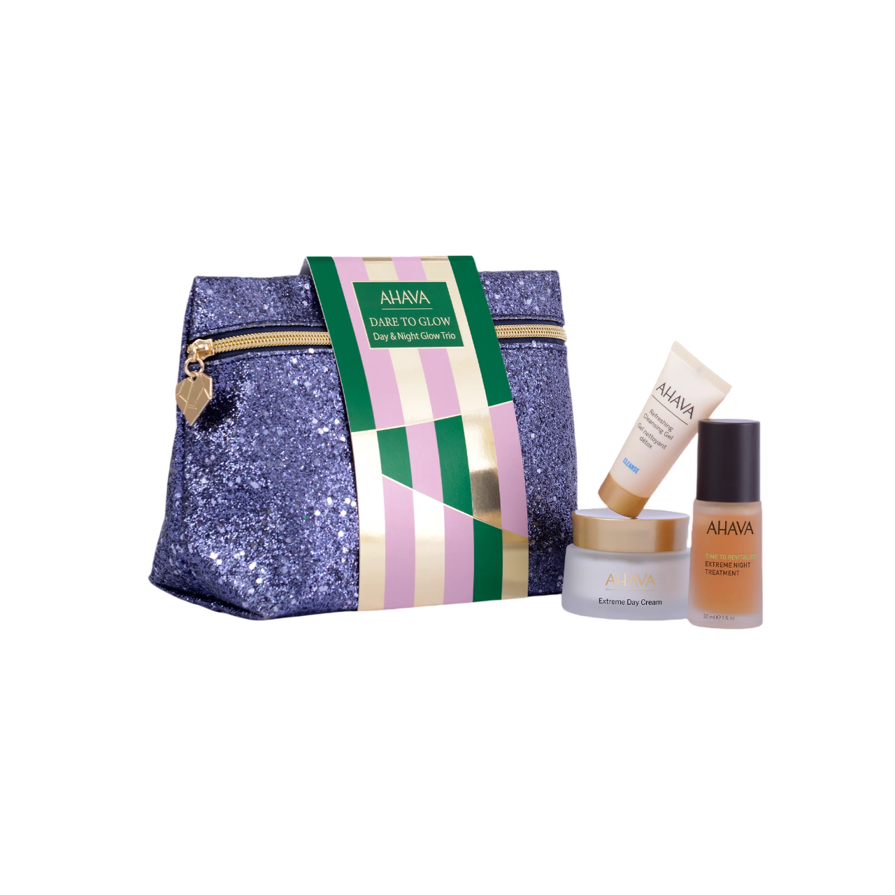 Day & Night Glow Trio Set Ahava: Extreme , Day, Cream, For Face, 50 ml + Time To Revitalize Extreme, Anti-Aging, Night, Local Treatment Serum, For Face, 30 ml + Refresing, Eliminates Impurities, Cleansing Gel, For Face, 15 ml + Ahava, GWP Textile Pouch